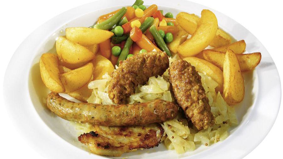 AWO Essenbestellung, kartoffelwedges, würstchen, erbsen, möhren AWO Essenbestellung Beispielmenü
