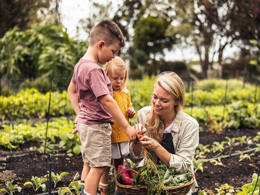 Mutter erntet mit ihren Kindern